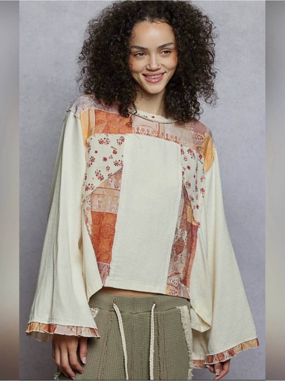 POL Boho Patchwork Bell Sleeve Top - Picture 4 of 6